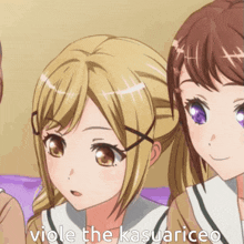 two anime girls are standing next to each other and one of them says viole the kasuariceo
