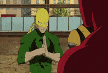 a cartoon of a man in a green superhero costume with a yellow mask