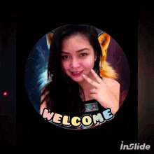 a woman is surrounded by fireworks and the words welcome