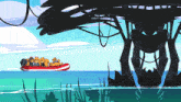 a cartoon drawing of a group of cats in a boat in the ocean