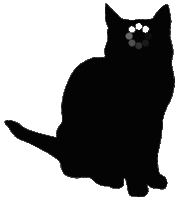 a silhouette of a black cat with circles on it 's face
