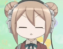 a cartoon girl is wearing headphones and making a funny face .