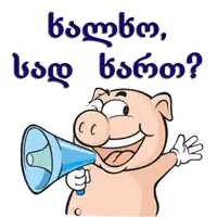 a cartoon pig is holding a megaphone with the words " რას ხედავ , რას ხედავ ? " above it