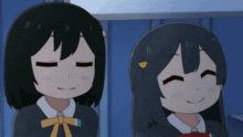 two anime girls with their eyes closed are smiling for the camera