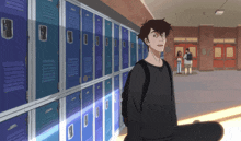 a boy with a skateboard stands in front of a row of blue lockers