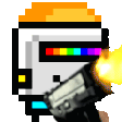 a pixel art of a person holding a gun with a rainbow on it