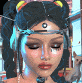 a close up of a woman 's face with a robotic headpiece