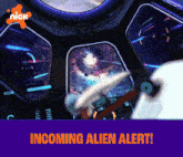 a picture of a spaceship with the words incoming alien alert on it
