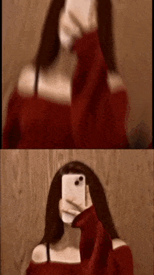 a woman in a red off the shoulder sweater is taking a selfie with her cell phone .