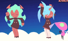 two cartoon characters are dancing in front of a blue sky with chinese characters in the background