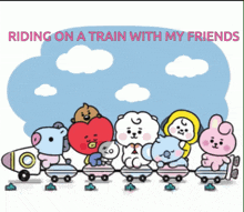 a bunch of stuffed animals are riding on a train with the words riding on a train with my friends below them