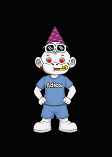 a cartoon character wearing a blue shirt that says adios on it