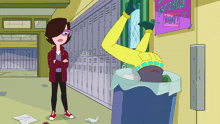 a cartoon character standing next to a trash can with a sign that says " let 's show today "