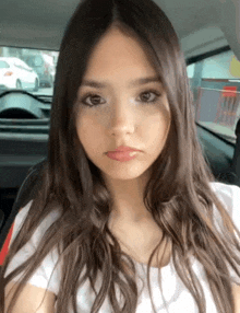 a girl with long brown hair is sitting in a car
