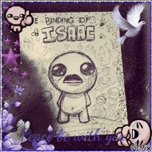 a drawing of isaac is on a purple background