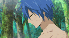 a shirtless anime character with blue hair is standing in a forest