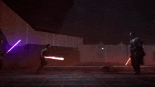 a video game screen shows a man holding a lightsaber and another man holding a sword