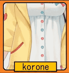 a picture of a person wearing a white dress and a yellow jacket with the word korone on it