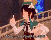 a cartoon character is standing on a balcony and saying `` tomorrow is venti friday !!! ''