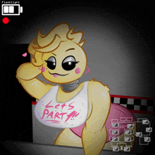 a drawing of chica from five nights at freddy 's wearing a let 's party shirt