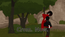 a couple of anime characters standing next to each other with the words crom now on the bottom
