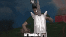 a man riding on the back of a white unicorn with the words pdj nitroing it