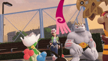a girl sits on a bench with a bunch of cartoon characters