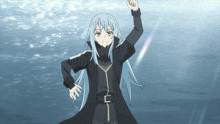 a girl with long blue hair and a black coat is standing in front of a body of water