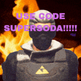 a man wearing a mask with the words " use code supersoda " behind him