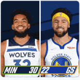 two basketball players one from the wolves and the other from the golden state