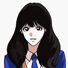 a girl with long black hair wearing a blue jacket and tie