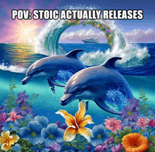 two dolphins are swimming in the ocean surrounded by flowers and a ship in the background