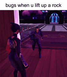 a video game scene with the words bugs when u lift up a rock at the top