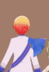 a person with red hair and a blue scarf around their neck is standing next to another person in a video game .