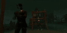 a man in a suit is holding a gun in front of a playground