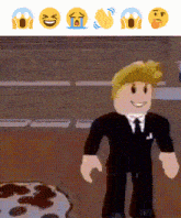 a man in a suit and tie stands next to a cake