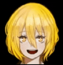 a close up of a person 's face with yellow hair and a smile .