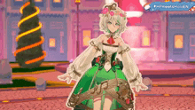 a cartoon girl in a green dress is standing in front of a building .