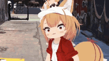 a little girl with a fox tail is standing on a sidewalk wearing a hat .
