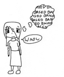 a black and white drawing of a woman with a thought bubble that says wow