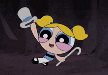 a cartoon character is holding a top hat and a cane