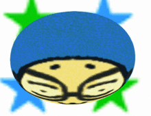 a cartoon face with glasses and a blue hat is surrounded by green and blue stars