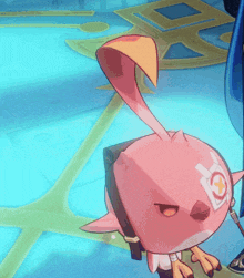 a pink bird with a yellow beak and a white cross on its head