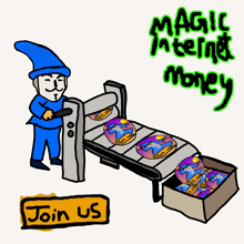 a cartoon of a man standing next to a conveyor belt that says " join us "