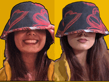 a woman wearing a black hat with red hearts on it is smiling