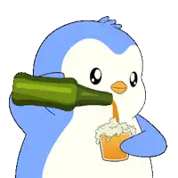 a cartoon penguin is pouring beer into a cup