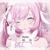 a pink haired anime girl with the name elysia on the bottom