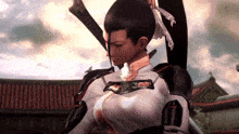 a woman with a sword in her hand stands in front of a roof