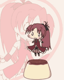 a cartoon of a girl standing on a pudding