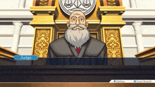 a video game shows a judge with a beard and a red tie